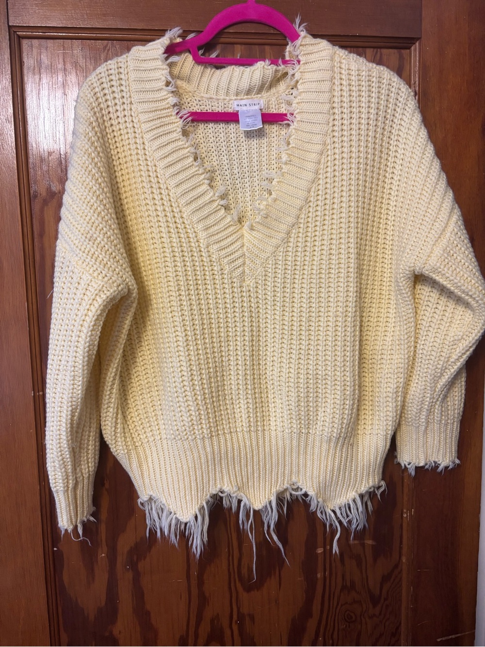Main Strip Cream Distressed Turtleneck Sweater